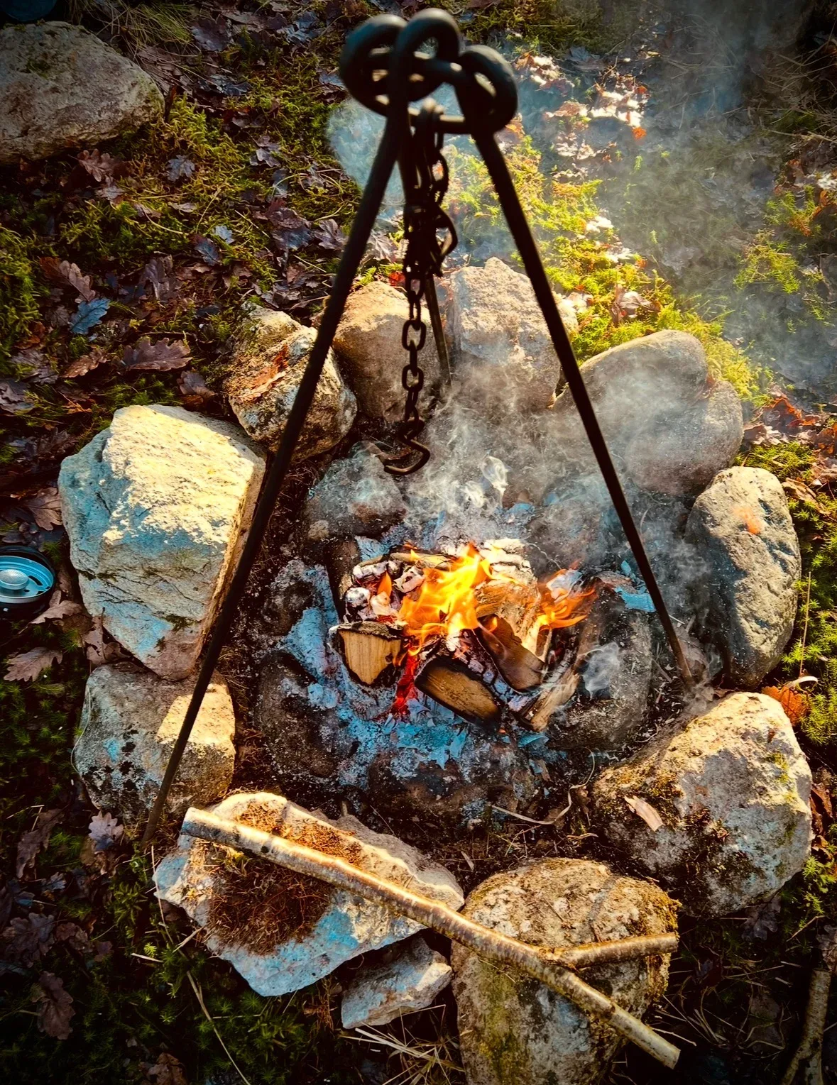 A small wood fire in a stone firepit beneath a hanging tripod in woodland