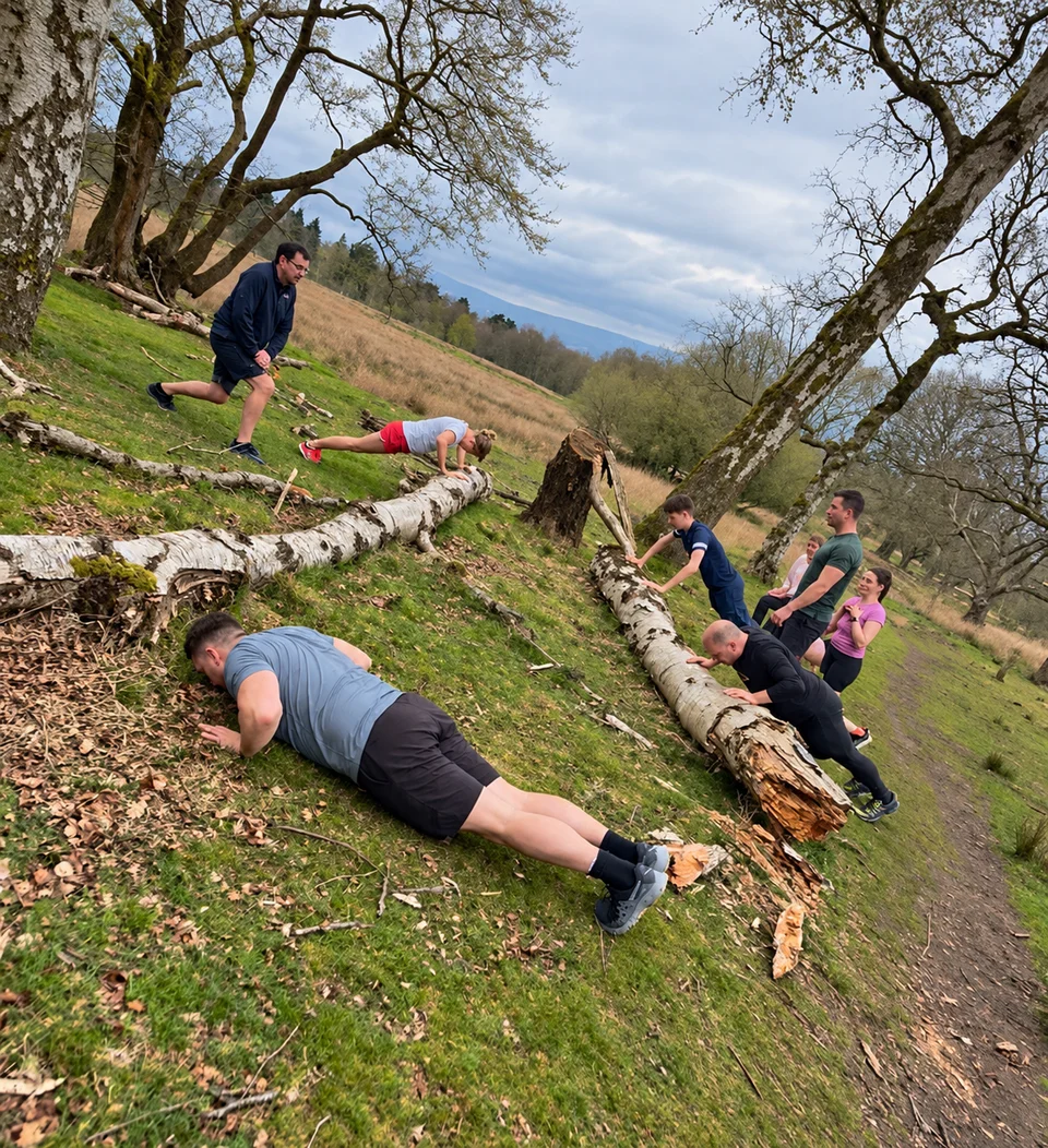 A group exercising outdoors beside fallen logs