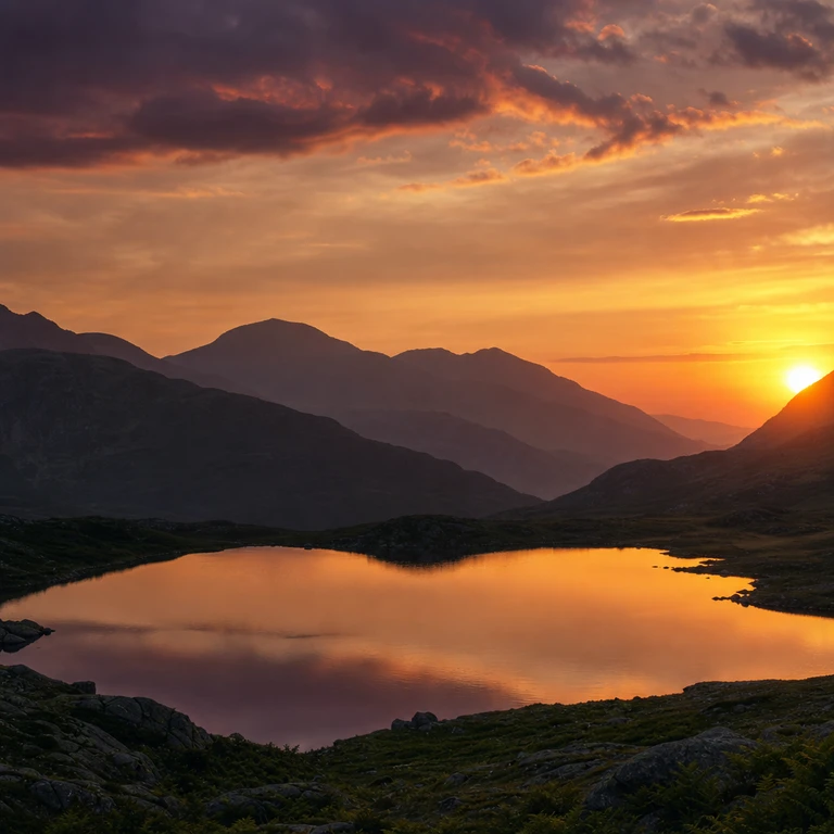 Symbolic mountain-sunset artwork: warm evening light reflected in a mountain tarn beneath layered fell silhouettes
