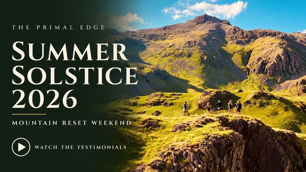 Summer Solstice 2026 — Mountain Reset Weekend. Watch the testimonials. Walkers beneath a sunlit mountain ridge.
