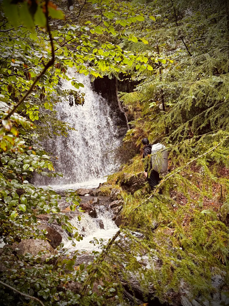 A hiker beside a waterfall