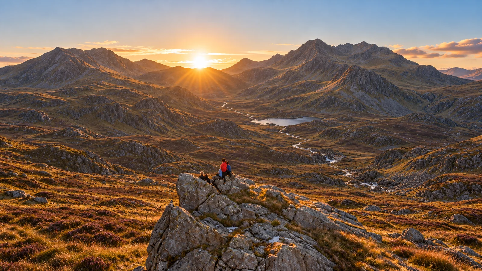 Two hikers looking across rugged mountain peaks and a valley at sunset